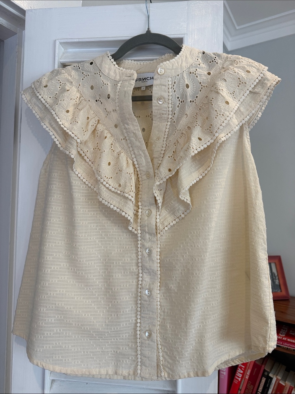 FRNCH Cream Ruffle Eyelet Button-Front Blouse